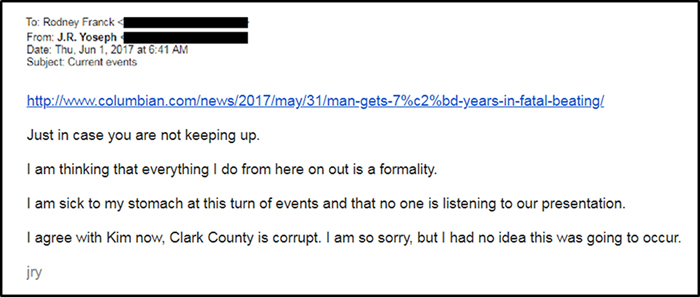 Email sent by Attorney Robert Yoseph to Rodney Franck